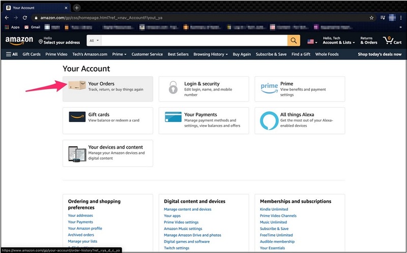Amazon account and then select Your Orders
