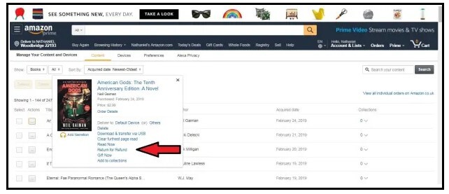 ebook order you want to return and click Return for Refund